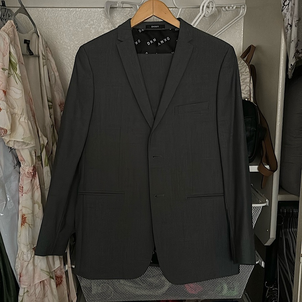 DKNY grey suit. jacket is 18 R skinny fit